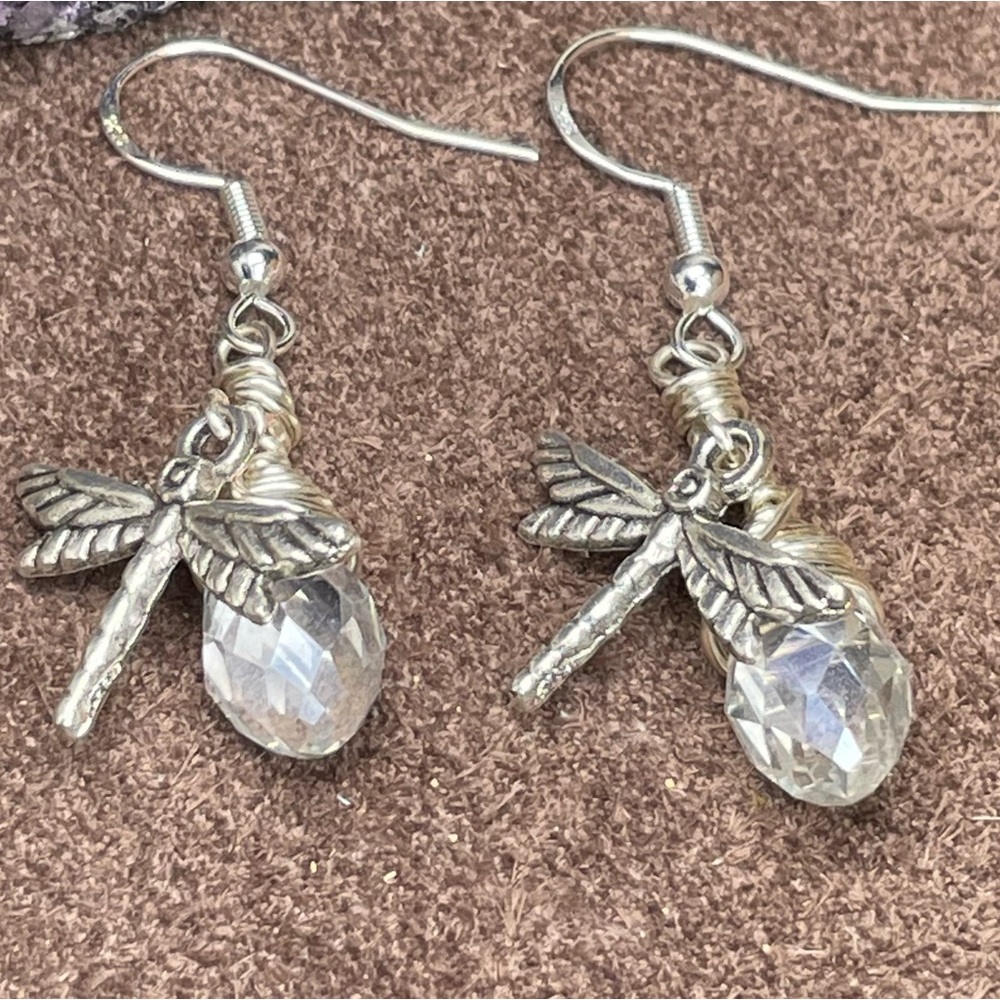 Handmade Silver Sparkling 
Crystal Dragonfly 
Earrings Boho Cottagecore - Picture 13 of 17